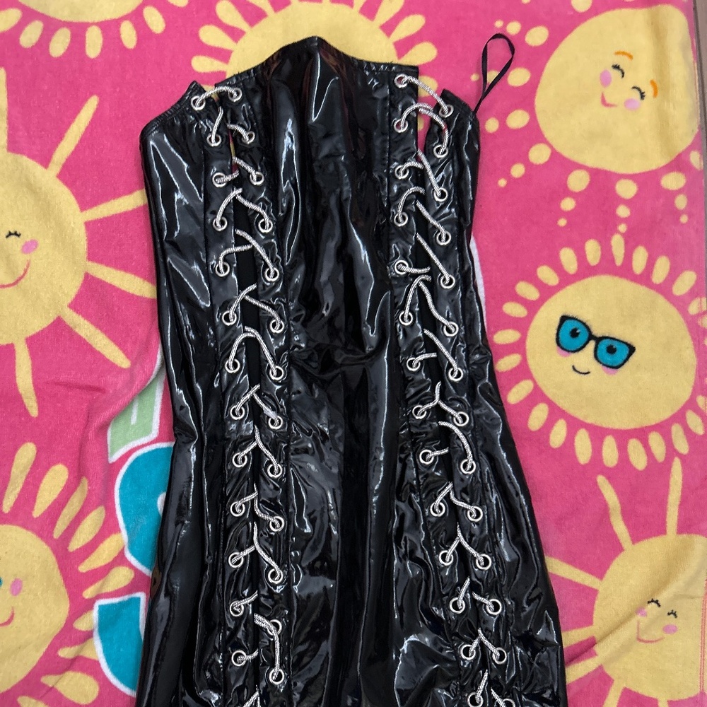 Faux leather tie mini dress